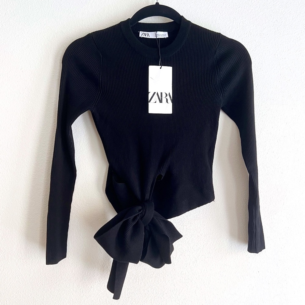 Zara Black Ribbed Long-Sleeve Crewneck Sweater with Side Tie